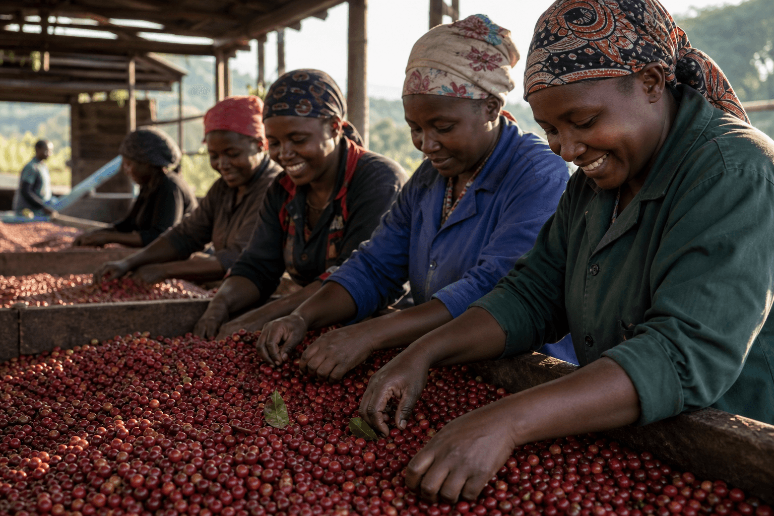 Women working with coffee cherries